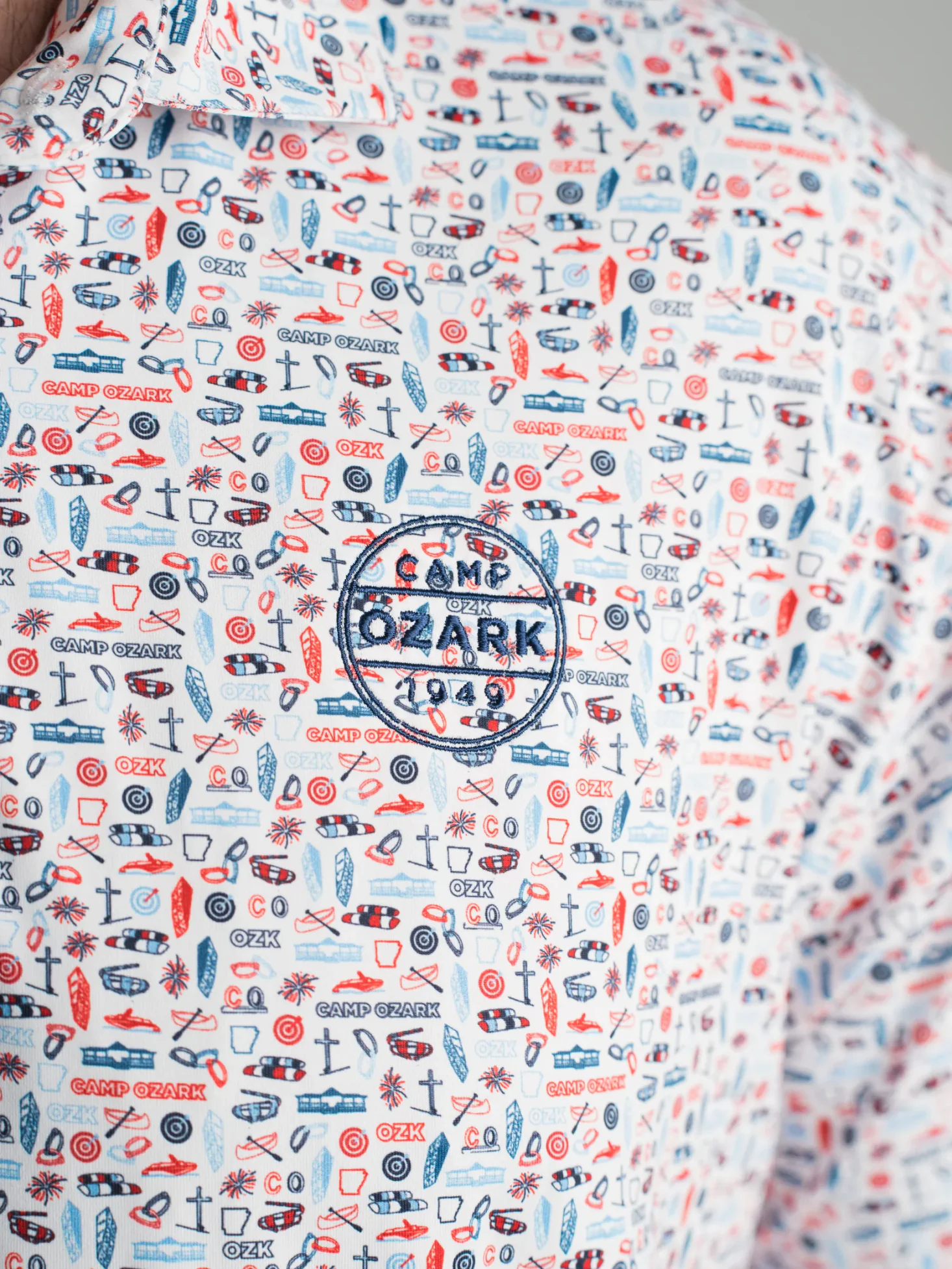 Close view of a colorful custom Camp Ozark icon pattern