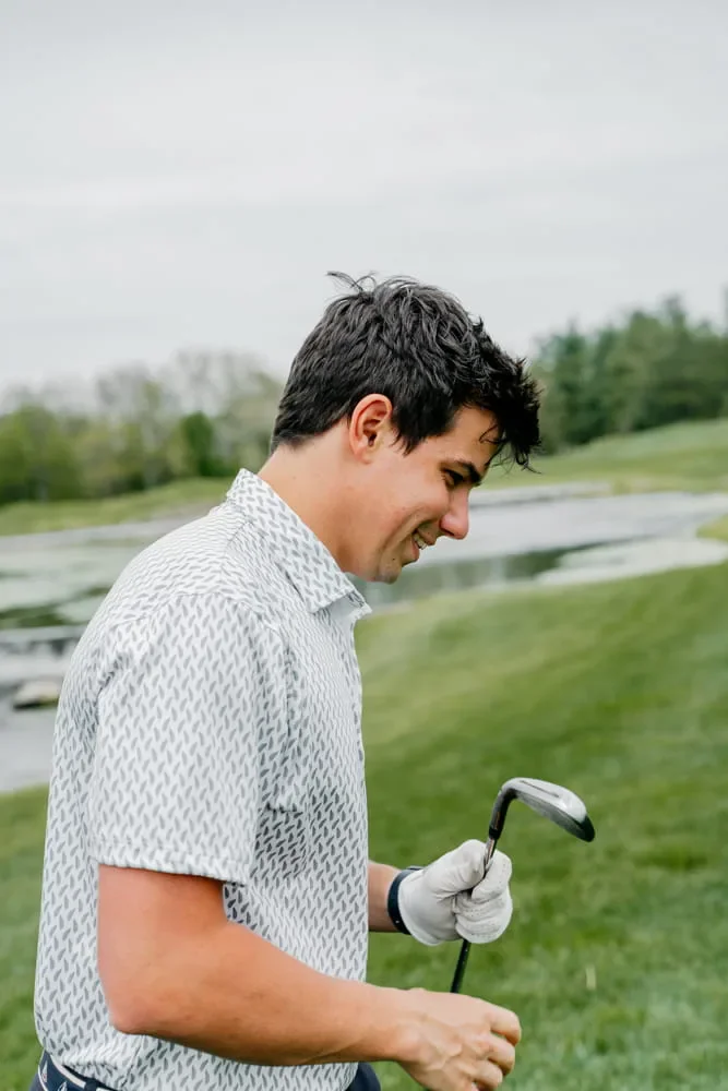 Custom golf shirt with a repeating tonal micro print pattern
