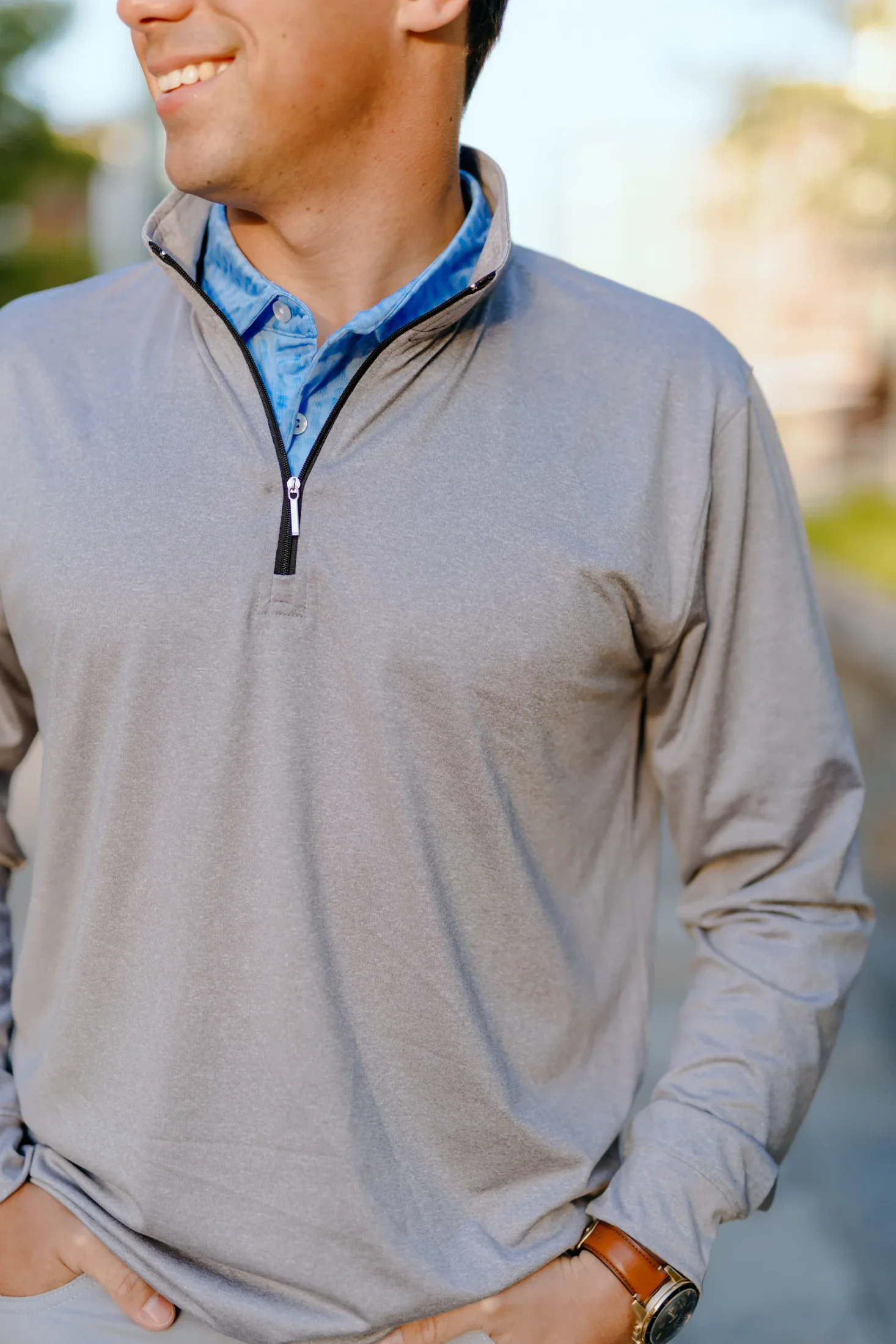 Custom quarter zip with a blue patterned inner placket
